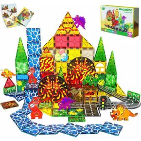 Magnetic Tiles, Lava Dinosaur World Set Magnatiles for Kids, Magnetic Blocks Magnet Building Toys for Kids Age 1-3 3-5 5-7 8-12, Holidays Birthday Gifts for Boys Girls