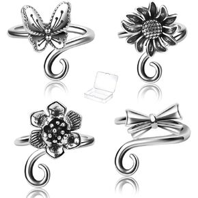 4 PCS Crochet Rings for Fingers Butterfly Flower Crown Bow Knot Sunflower Adjustable Yarn Tension Ring Knitting Accessories Crochet Gifts for Crocheters
