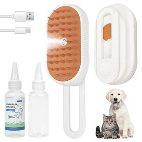 Cat Steam Brush for Shedding，4-in-1（ Anti-Static, Massage, Cleaning, Shedding & Combing ）Spray Hair Removal Comb with Waterless Shampoo–Self-Cleaning Pet Grooming Tool for Shedding