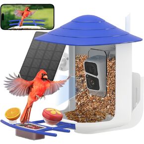Smart Bird Feeder with Camera Solar Powered AI Identify 10000+ Birds Auto Capture 2.5K UHD Video Live for Outdoor Blue WiFi Bird Feeder for Birds Lover Gift