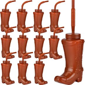 ALINK Cowboy Boot Cups with Straws and Lids, 12pcs 10oz Kids Party Cowboy Cups for Western Rodeo Themed Party Favor, Birthday, Holiday, Events Supplies and Decorations - Brown