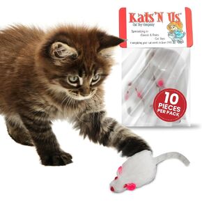 Kats'N Us Real Rabbit Fur White Mouse Cat Toy - Rattle Sound - - Interactive Cat Toys, Real Fur Mice -10 Pack White