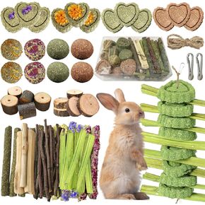 53pcs Rabbit Chew,Rabbit Enrichment Toys from Various Natural Ingredients Such as Apple Wood, Carrots, and Timothy Grass, Suitable for Small Pets Such as Hamsters Totor Guinea Pigs (Part D)