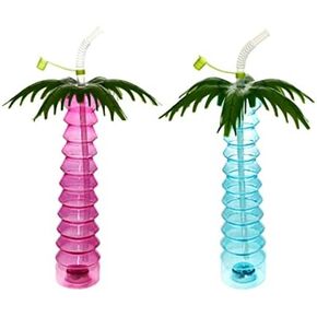 LED Light Up Palm Tree Luau Yard Party Coups - 2 Pack - 16 Oz ، Pink ، Blue ، Green - Tight Up Tumbler with Straw - for Margaritas ، Frozen Drinks ، Kids Firms
