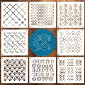 8Pcs Sashiko Stencil Kit, 4.7 x 4.7 Inch Geometric Sashiko Fabric Pattern Template Drawing Line Embroidery Pattern for Hand Quilting and Embroidery