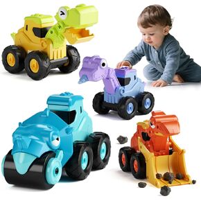 Construction Truck Toys for Toddlers: Dinosaur Push and Go Cars Sandbox Excavator Toy Trucks Vehicles Bulldozer Road Roller Toy Birthday Gifts for 18 Months 2 3 4 5 Year Old Kids Boys Girls