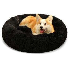 Dog Calming Beds for Small Medium Large Dogs - Round Donut Washable Puppy Dog Bed, Anti-Slip Faux Fur Fluffy Donut Cuddle Anxiety Cat Pet Bed(28'' Black)