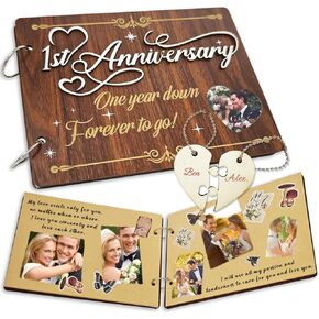 1 Year Our Story So Far Anniversary Scrapbook, Anniversary Wooden Couples Photo Album,Wooden Scrapbook Craft Kit,Memory Picture Journal with Vintage Stickers for DIY Wedding Gifts