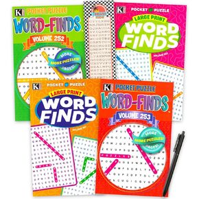 Pocket Size Word Find Puzzle Books for Adults Seniors 4 Pack- Bundle with 4 Travel Size Puzzle Books Large Print Word Searches Plus Pens - Pocket Word Search Books for Adults