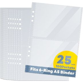 25-Pack Clear Binder Sleeves, Fits 6-Ring A5 Binder, Page Protectors for Stickers, Cards, Photos, Notes, and Currency (Not for Standard A5 Paper), Double-Sided Plastic Sleeves (1 Pocket Each)