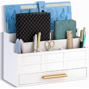 Black Wood Desk Organizer and Accessories with Drawer, Bill Mail Organizer and File Mail Holder for Office Supplies, Rustic Desk Accessories & Workspace Organizers for Desk Organization