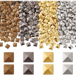 PH PandaHall 400pcs Flat Back Pyramid Studs Glue on Metal Studs, 4 Colors Hotfix Iron on Rivets Square Pyramid Studs for Clothing Bag Leather Shoes DIY Decoration, 7X7mm