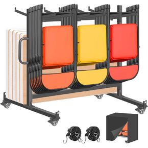 Folding Chair Rack, Heavy-Duty Folding Chair Cart Storage for 42 Chairs or 12 Tables, 550 lbs Capacity, Heavy Metal Chair Holder Rack with Locking Universal Wheels, Dust Cover, Elastic Cords