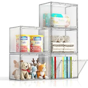 Stackable Storage Bins with Lid, Display Case for Collectibles, 5 Packs Clear Display Box Magnetic Door, Stackable Storage Bins, Clear Display Case for Collectibles, Doll, Figures, Snack