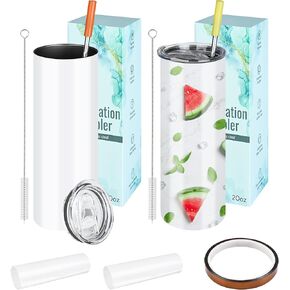 20 oz Sublimation Tumbler, Straight Stainless Steel Skinny Tumbler with lid and Metal Straw - Blank Stainless Steel Cups Set of 2 for DIY Sublimation Printing