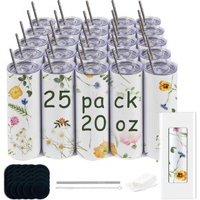 25pack 20oz sublimation straight tumbler bluk double wall stainless steel vacuum cup with metal straw and silding lid for wholesale banks for DIY gift （silver）