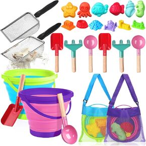 24 PCS ألعاب شاطئية قابلة للطيور وضعت مجارف دلو الرمل القابلة للطي مع حقيبة شبكية ، قوالب القلعة والحيوانات البحرية طقم طقم بناء الرمال الأساسية قابلة للطي (اللون الوردي الأخضر)