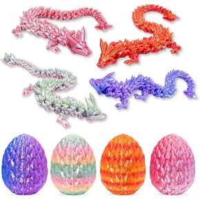 4-Pack 3D Printed Dragon with Articulated Crystal Dragon Egg – 8.27" Fantasy Dragon Toys for Kids & Adults, Unique Collector Gift & Magical Desk Decor
