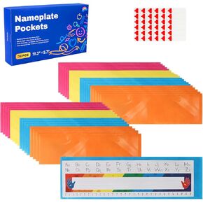 Nameplate Pocket, Name Tag Pockets for Desks, 19.3" x 5.7" Non-Woven Fabric Adhesive Clear Nametag Sleeves Covers for Student Desks, Classroom Suppliers (36 PCS)