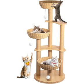 Modern Cat Tower for Indoor Cats, Oak Wood Cat Tree for Large Cats with 3 Weaving Cat Nests, Multi-Level Cat Condo with 8 Scratching Posts for Indoor Cats, Cat Furniture Activity Center