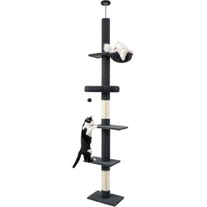 Made4Pets Floor to Ceiling Cat Tree,5 Tiers Cat Tower,Adjustable Heihgt 96-108'', Tall Cat Climbing Tower with Scratching Posts,Cozy Hammock,Fluffy Perchs for Indoor Cats, Grey