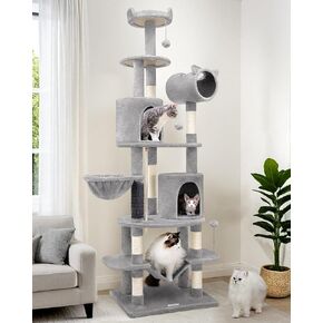 Artistic Curved Cat Tower for Small Cats (Under 12 lbs), 81-inch Slim Design Cat Tree with Space-Saving Design, Indoor Cat Condo with Hammock & Tunnel, C81, Dark Gray, Non-Large Cats