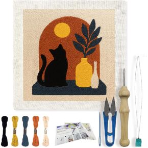 FREEBLOSS Punch Needle Kits Starter Embroidery Set Punch Needle Rug Kit with English Instructions for Adults Beginners Craft Lovers with Printed Cat and Windowsill Pattern 24x24cm/9.4x9.4inch