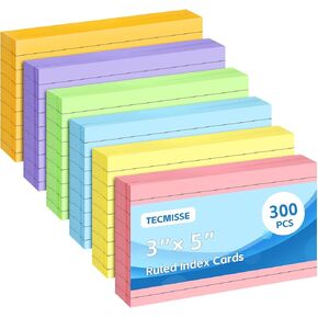 Tecmisse Colored Index Cards 3x5, 300 Count Ruled Index Cards Colorful, Lined Flash Cards for Studying, Heavy Note Cards for Office, Home and School