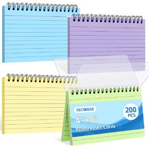 Tecmisse 400PCS Index Cards 4x6, Spiral Ruled Colorful Flash Cards with Waterproof Covers Note Cards 8 Colors for Memory Learning To Do List School Office