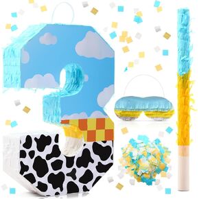 Poen Cow Number Piñata Birthday Decorations Toy Inspire Game Cow Birthday Piñata with Stick Blindfold and Confetti Blue Sky and White Cloud Candle for Party Decor(Number 2)