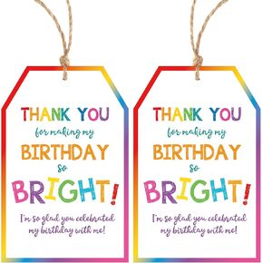 Birthday Gift Tags with String - Thank You Gift Tags 50 PCS Personalized Birthday Thank You Tag for Party Favors, Gift Wrapping, Bags, Birthday Decorations (Bright)