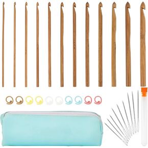 RAINFLOW Bamboo Crochet Hooks - 33 Pcs Crochet Hook Set Knitting Needles Kit Including 12 Sizes 3mm-12mm Ergonomic Crocheting Hooks Knitting Accessories with Blue Case for DIY Craft Beginners