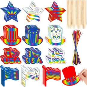 HOWAF 36pcs USA Patriotic Crafts 4th of July Memorial Day Scratch Paper Art Kit, Red White Blue Independence Day Rainbow Scratch Off Cards for School DIY Drawing Project Supplies
