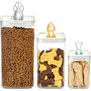 Felli Flip Tite Pet Food Container with Airtight Lids, BPA FREE Acrylic Canister with Paw Bone Fish Flip Top Handles for Cat Dog Kibble Treats Storage, Keep Fresh (Pet Collection Nest-L3pk)