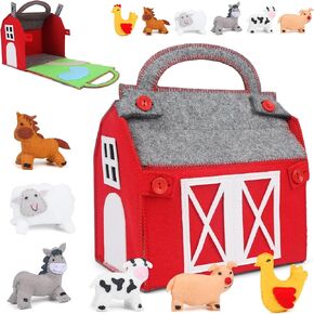 Felt Farm Animals Toys for Toddlers 1-5, Red Barn Toys Animals Figures Playset for 1 2 3 4 5 Year Old Kids, Montessori Learning Playset, Christmas Birthday Easter Gift for Boys Girls