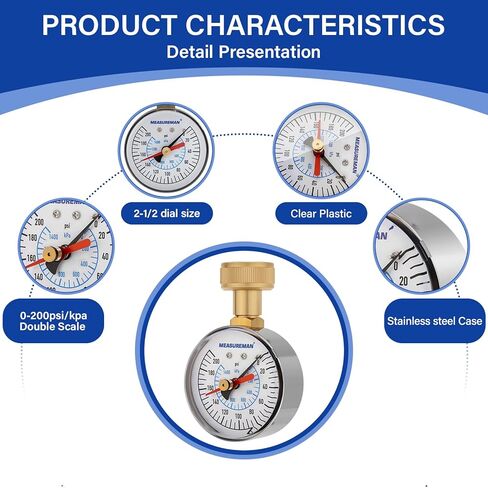 MEASUREMAN 0-200 Psi Water Pressure Test Gauge, 2.5" Dial Size, 3/4" Female Garden Hose Thread, Stainless Steel Case, for Home Potable Water, House Tube in Kuwait