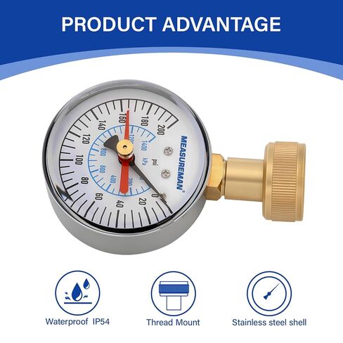 MEASUREMAN 0-200 Psi Water Pressure Test Gauge, 2.5" Dial Size, 3/4" Female Garden Hose Thread, Stainless Steel Case, for Home Potable Water, House Tube in Kuwait