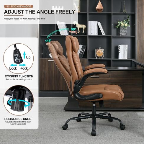 Office Desk Chair, Mid Back Executive Leather Chair,Ergonomic Home Office Desk Chairs, Comfy Computer Desk Chairs with Adjustable Flip-Up Arms and Rocking Function (Brown) in Kuwait