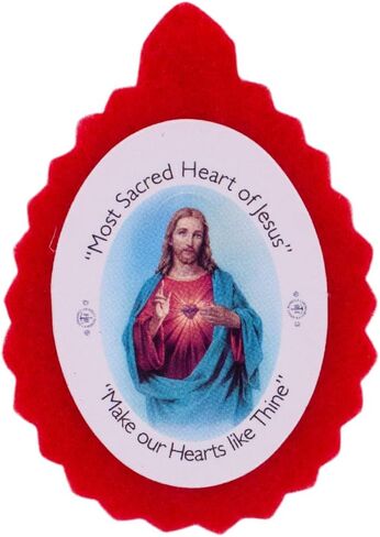 Wool Sacred Heart of Jesus Badge | Red Fabric Scapular with Printed Image | "Heart of Jesus Source of All Consolation | Great Catholic Gift in Saudi Arabia