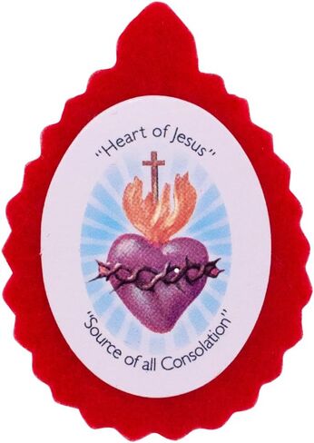 Wool Sacred Heart of Jesus Badge | Red Fabric Scapular with Printed Image | "Heart of Jesus Source of All Consolation | Great Catholic Gift in Saudi Arabia