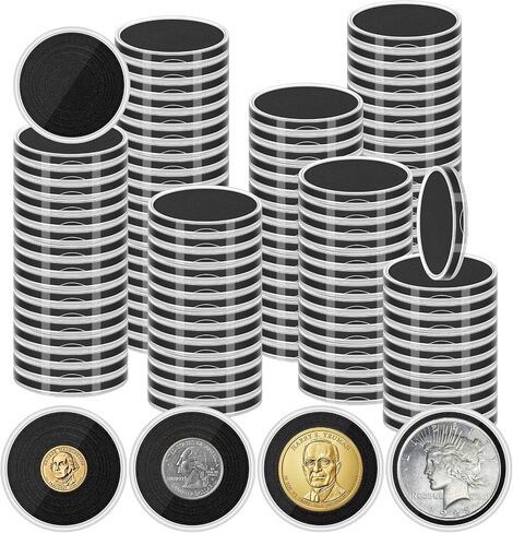 120 Pcs Silver Dollar Coin Holders, Clear Round Coin Case, Round Coin Holder for Collectors, Plastic Coin Case for Rare Coins, Coin Protectors with Adjustable Sponge Gasket(17-40mm)（Black） in Kuwait
