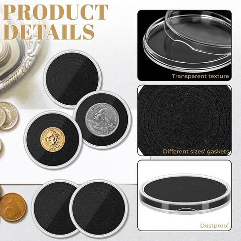 120 Pcs Silver Dollar Coin Holders, Clear Round Coin Case, Round Coin Holder for Collectors, Plastic Coin Case for Rare Coins, Coin Protectors with Adjustable Sponge Gasket(17-40mm)（Black） in Kuwait