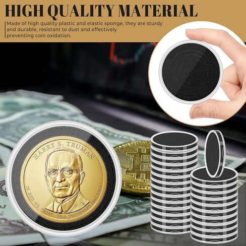 120 Pcs Silver Dollar Coin Holders, Clear Round Coin Case, Round Coin Holder for Collectors, Plastic Coin Case for Rare Coins, Coin Protectors with Adjustable Sponge Gasket(17-40mm)（Black） in Kuwait