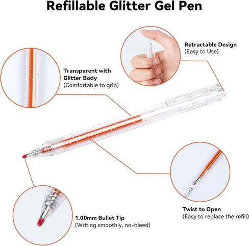 36 Colors Retractable Sparkle Glitter Gel Pens, 1mm Fine Point Refillable Metallic Gel Pens Sets for Kids Adult Coloring, Cards Making, Journaling, Highlighting, Art Projects, Gift for Christmas in Saudi Arabia