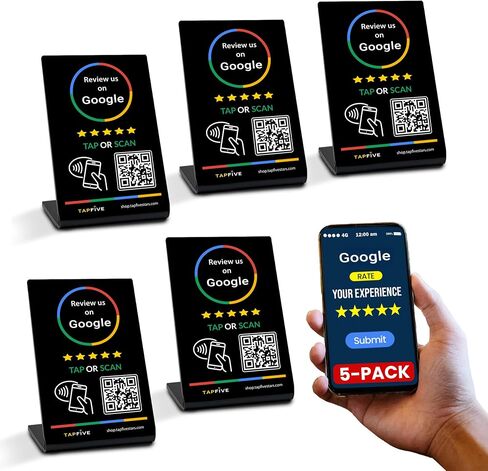 Google Review Stand متوافق مع مراجعات Google - انقر للمراجعات الفورية - جميع الهواتف المتوافقة - Smart Tap القابلة لإعادة الاستخدام NFC و QR - Boost Business Reviews - Zappy Fast (Black ، 10 pack) in Kuwait