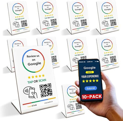 Google Review Stand متوافق مع مراجعات Google - انقر للمراجعات الفورية - جميع الهواتف المتوافقة - Smart Tap القابلة لإعادة الاستخدام NFC و QR - Boost Business Reviews - Zappy Fast (Black ، 10 pack) in Kuwait
