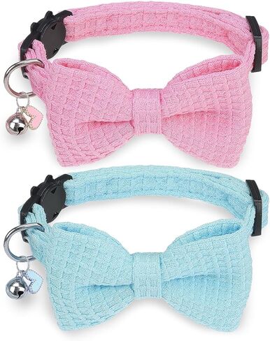 Breakaway Cat Collar with Bell & Bow Tie - 2 Pack Adjustable Safety Kitten Collars (8-12 inch) - Cute Pink Blue Bowtie Collars for Girl Boy Cats Puppies, Waffle Cotton Design in Kuwait