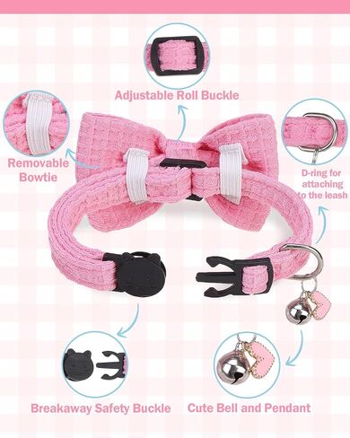 Breakaway Cat Collar with Bell & Bow Tie - 2 Pack Adjustable Safety Kitten Collars (8-12 inch) - Cute Pink Blue Bowtie Collars for Girl Boy Cats Puppies, Waffle Cotton Design in Kuwait