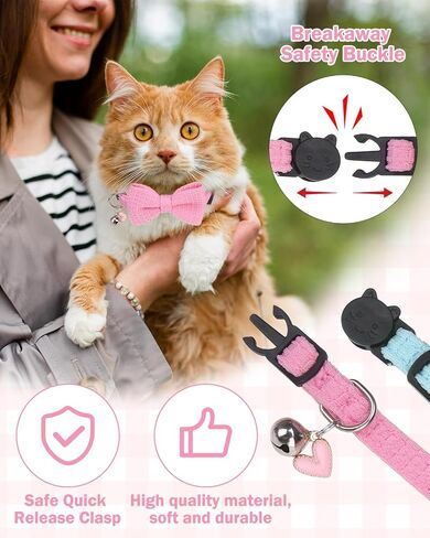 Breakaway Cat Collar with Bell & Bow Tie - 2 Pack Adjustable Safety Kitten Collars (8-12 inch) - Cute Pink Blue Bowtie Collars for Girl Boy Cats Puppies, Waffle Cotton Design in Kuwait
