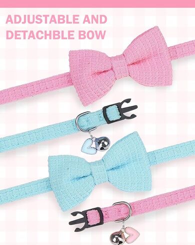 Breakaway Cat Collar with Bell & Bow Tie - 2 Pack Adjustable Safety Kitten Collars (8-12 inch) - Cute Pink Blue Bowtie Collars for Girl Boy Cats Puppies, Waffle Cotton Design in Kuwait